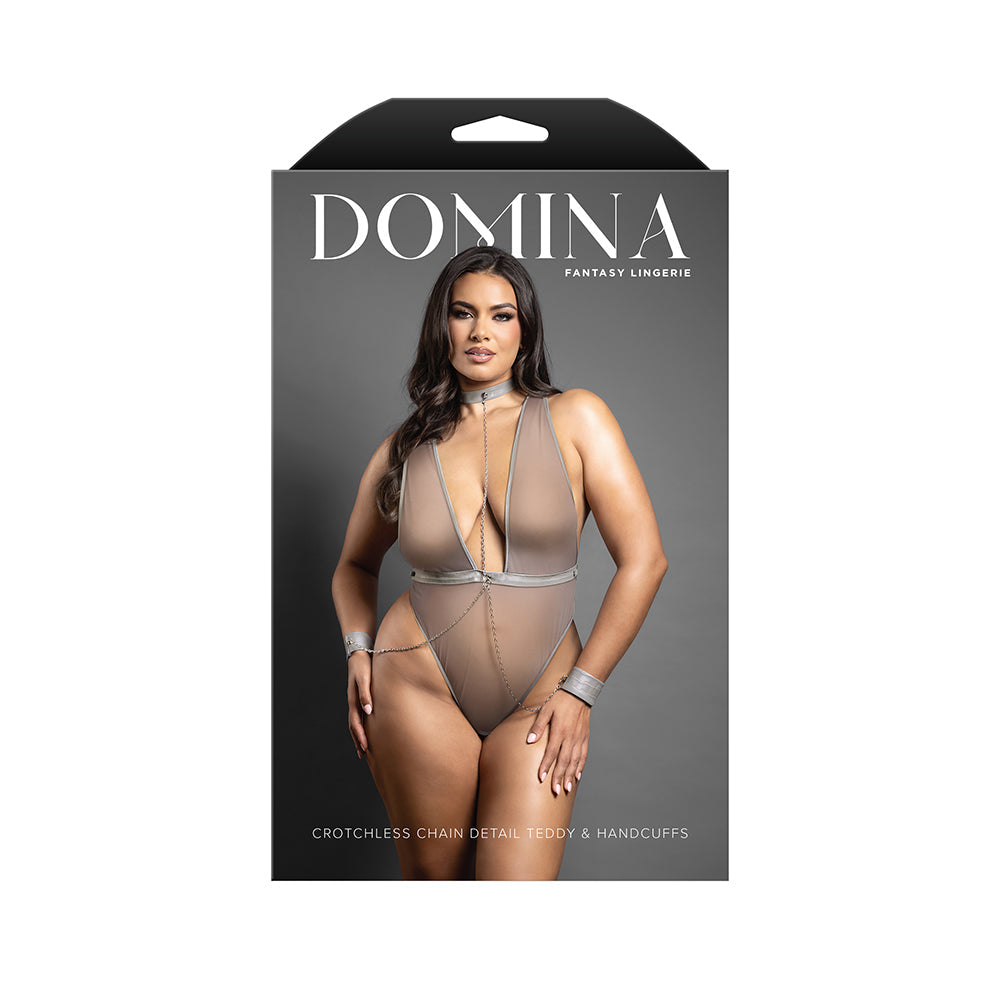Domina Crotchless Teddy with Choker and Cuffs - Gray (Queen Size)